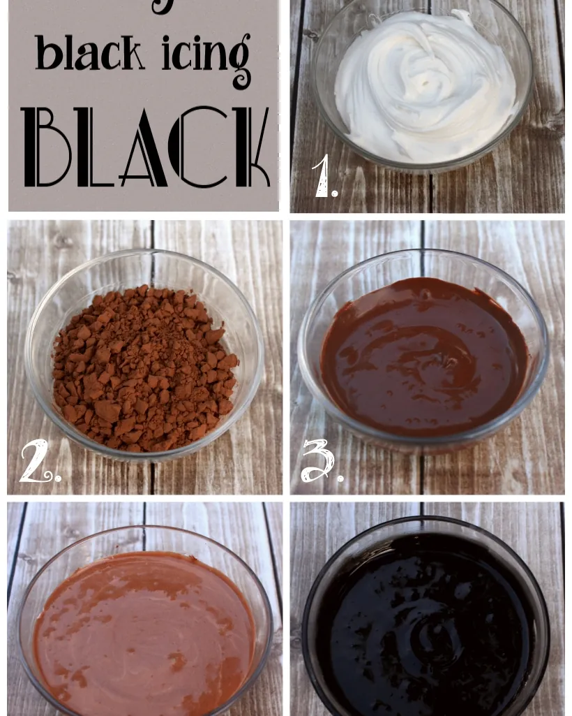 Concentrated dark pigments and cocoa powder used to create rich black icing.