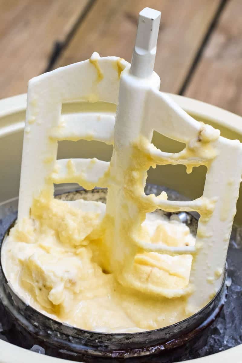 Frozen banana slices and ingredients arranged for making banana ice cream.